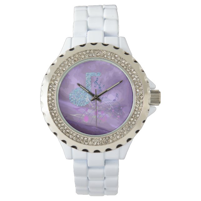 Montre Notes de musique violette Abstraite Rhinestone Whi (devant)