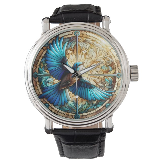 Montre Oiseau bleu serein perché sur du verre tendu (devant)