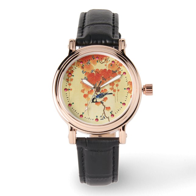 Montre Oiseau bleu Tit, Branche de Paulownia, Feuilles ro (Recto)