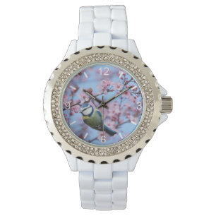 Montre Oiseau bleu Tit en fleurs de cerises japonaises ro