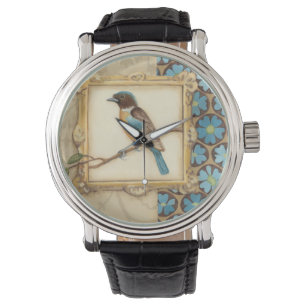 Montre Oiseau Brown et bleu sur une branche recherchant