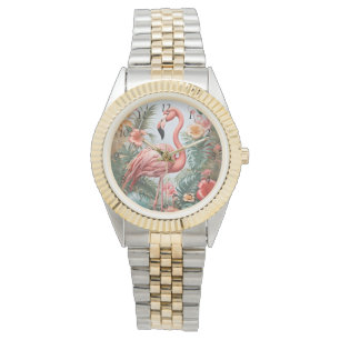 Montre Oiseau de Flamant rose rose élégant et fleurs trop
