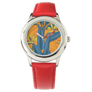 Montre Oiseau de fleurs paradisiaques sur orange