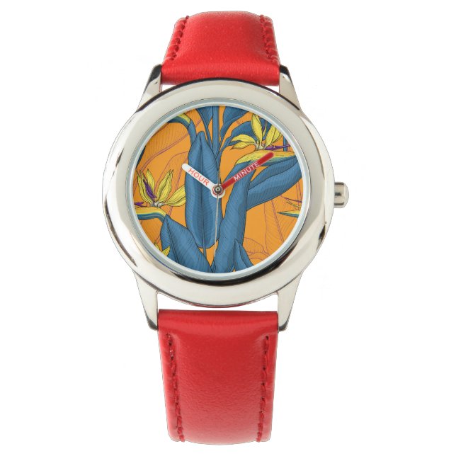 Montre Oiseau de fleurs paradisiaques sur orange (devant)