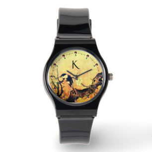 Montre OISEAU DE PRINTEMPS, FLEURS ARBRE Jaune or Brown M