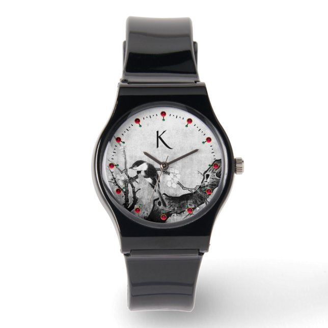 Montre OISEAU DE PRINTEMPS, FLEURS ARBRE Noir Blanc Monog (Recto)