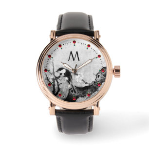 Montre OISEAU DE PRINTEMPS, FLEURS ARBRE Noir Blanc Monog