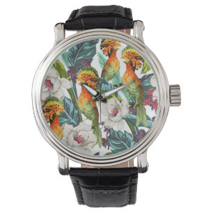 Montre Oiseau et motif de fleur exotique