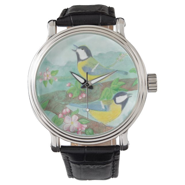 Montre Oiseaux chantant sur une branche d'arbre en fleurs (devant)