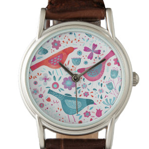 Montre Oiseaux d'aquarelle dans un jardin de fleurs peint