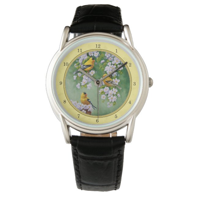 Montre Oiseaux Goldfinch et fleurs de pomme Jaune (devant)