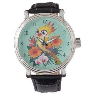 Montre Oiseaux jaunes adorables avec fleurs