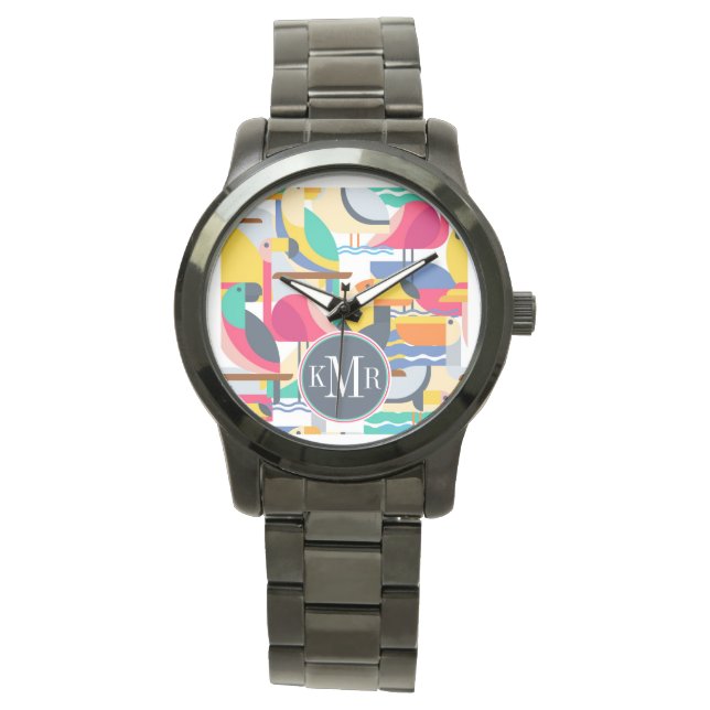 Montre Oiseaux tropicaux géométriques | Monogramme (devant)