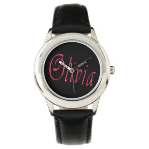 Montre Olivia, Nom, Logo, Girls Black Leather Watch.