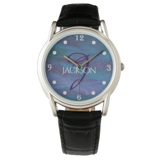 Montre Ombre bleue Abstraite | Monogramme violet violet T (devant)