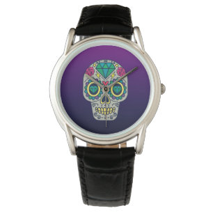 Montre Ombre violet de crâne de sucre coloré