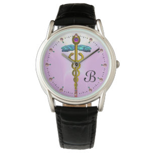 Montre OR CADUCUS, SYMBOLE MÉDICALE MONOGRAMME, Lilac ros