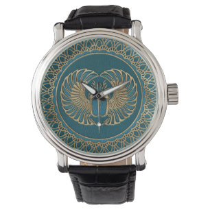 Montre Or égyptien de scarabée de scarabée sur le cuir