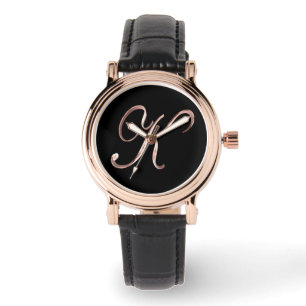 Montre Or élégant de rose de noir de l'initiale K de