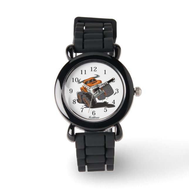 Montre Orange Black Boys' Monster Truck Nom personnalisé (Recto)