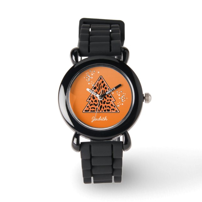 Montre Orange Leopard Cheetah sapin de Noël (Recto)