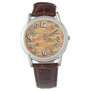 Montre Orange, Or, Rectangles Brown et cercles