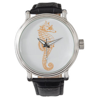Montre Orange Seahorse Watch Vintage Cuir Strange Noir
