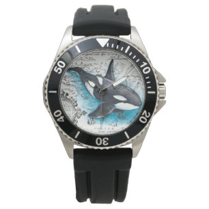 Montre Orca Baleine Bleu Aquarelle Carte Nautique