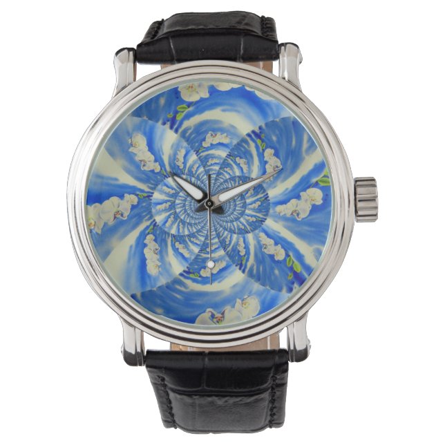 Montre Orchidée Aquarelle peinture, brise, Nuages Mandala (devant)