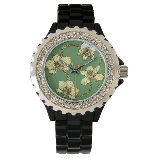 Montre Orchidées et chaînes, jaune et vert kelly (devant)