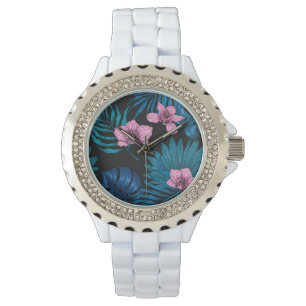 Montre Orchidées et feuilles de palmiers, rose et bleu su