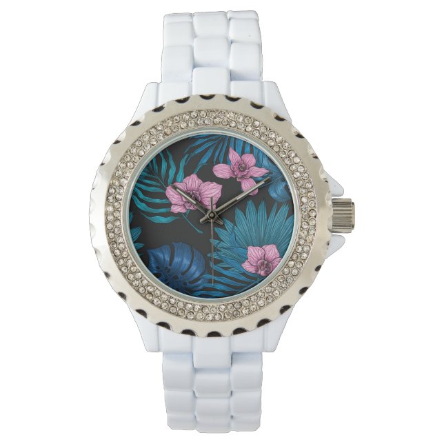 Montre Orchidées et feuilles de palmiers, rose et bleu su (devant)