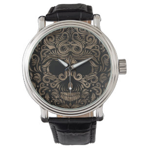 Montre Ornement de crâne à sucre noir et or