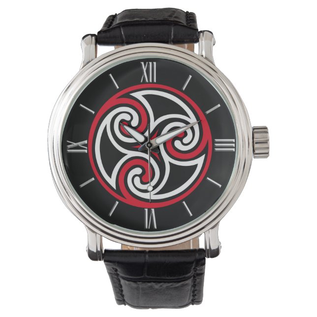 Montre Ornement de Triskele celtique, rouge, noir et blan (devant)