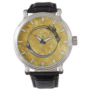 Montre Ouroboros serpent et feuille d'or Dragon