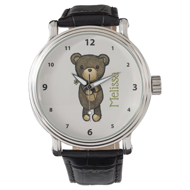 Montre Ours brun mou tenant une Fleur Jaune Personnalisé (devant)