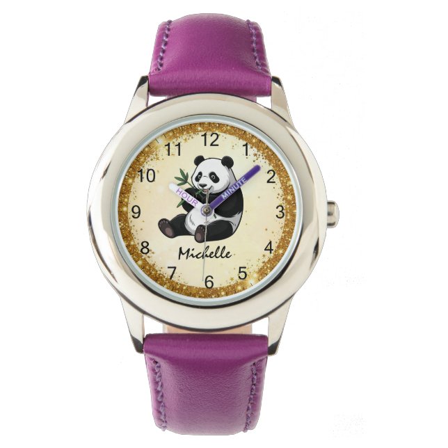 Montre Ours Panda Personnalisé Avec Bambou Doré Et Verdur (devant)