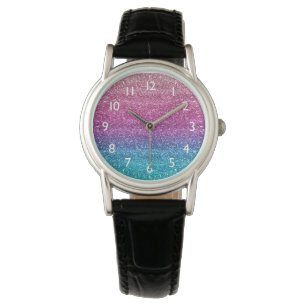 Montre Paillettes dégradé rose et bleu scintillant