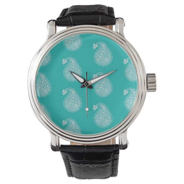 Montre Paisley perse - blanc sur turquoise (devant)