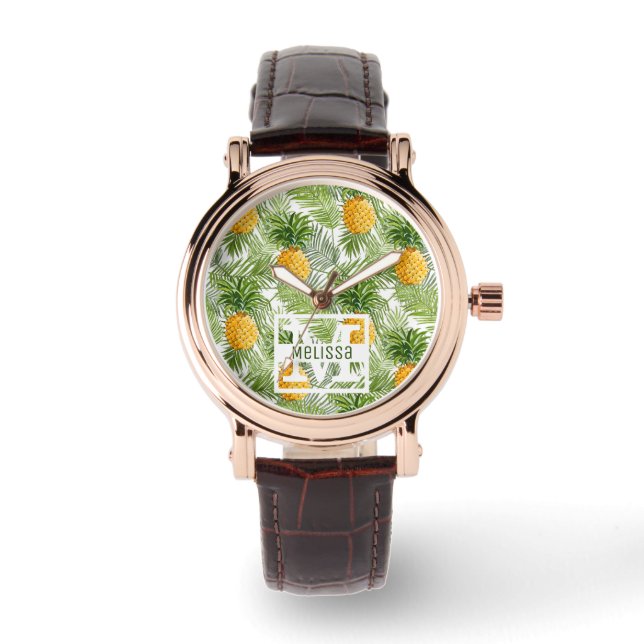Montre Palmiers tropicaux Feuilles et ananas | Ajouter Vo (Recto)