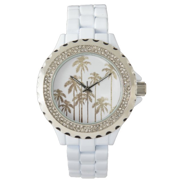 Montre Palmiers tropicaux or glamour sur blanc (devant)