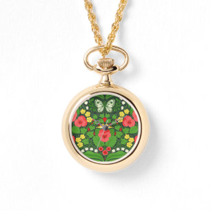 Montre Pansies rouges, oiseaux et papillons
