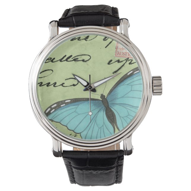 Montre Papillon à ailes bleues sur carte postale Turquois (devant)