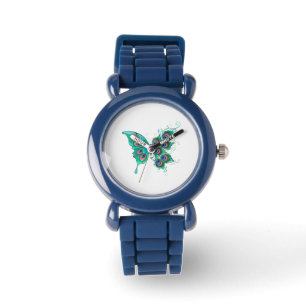 Montre Papillon aux plumes de paon vert