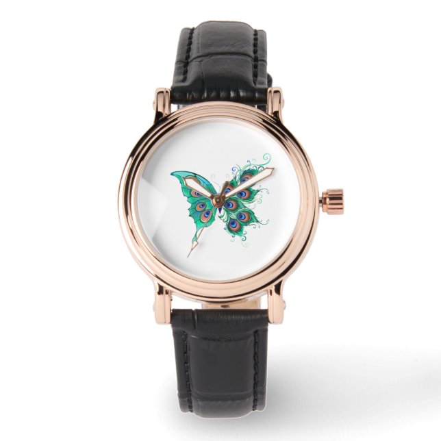 Montre Papillon aux plumes de paon vert (Recto)