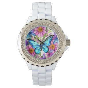 Montre Papillon bleu dans un champ de fleurs