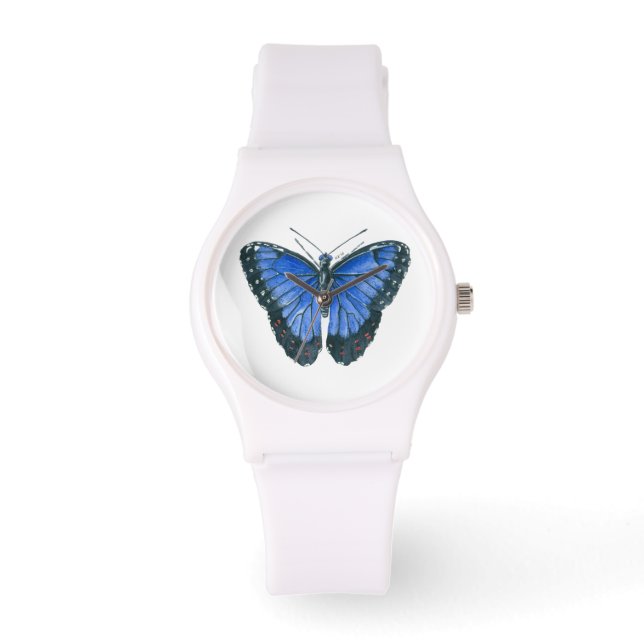 Montre Papillon bleu Morpho aquarelle peinture (Recto)