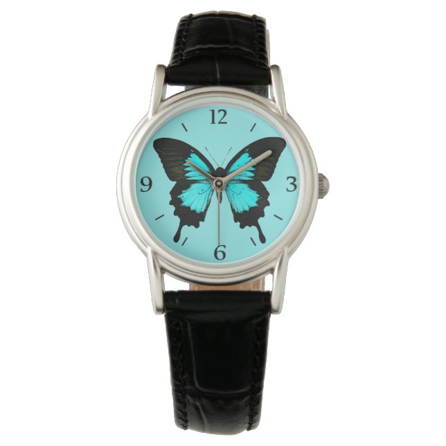 Montre Papillon - bleu turquoise et noir (devant)