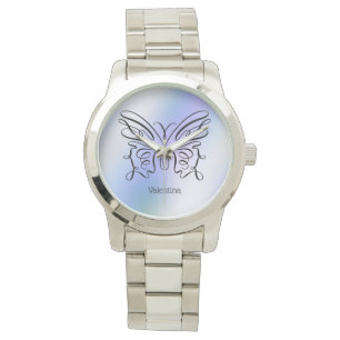 Montre Papillon bleu violet Holographique Nom du monogram