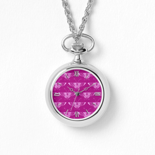 Montre Papillon déco stylisé - magenta et rose (Recto)